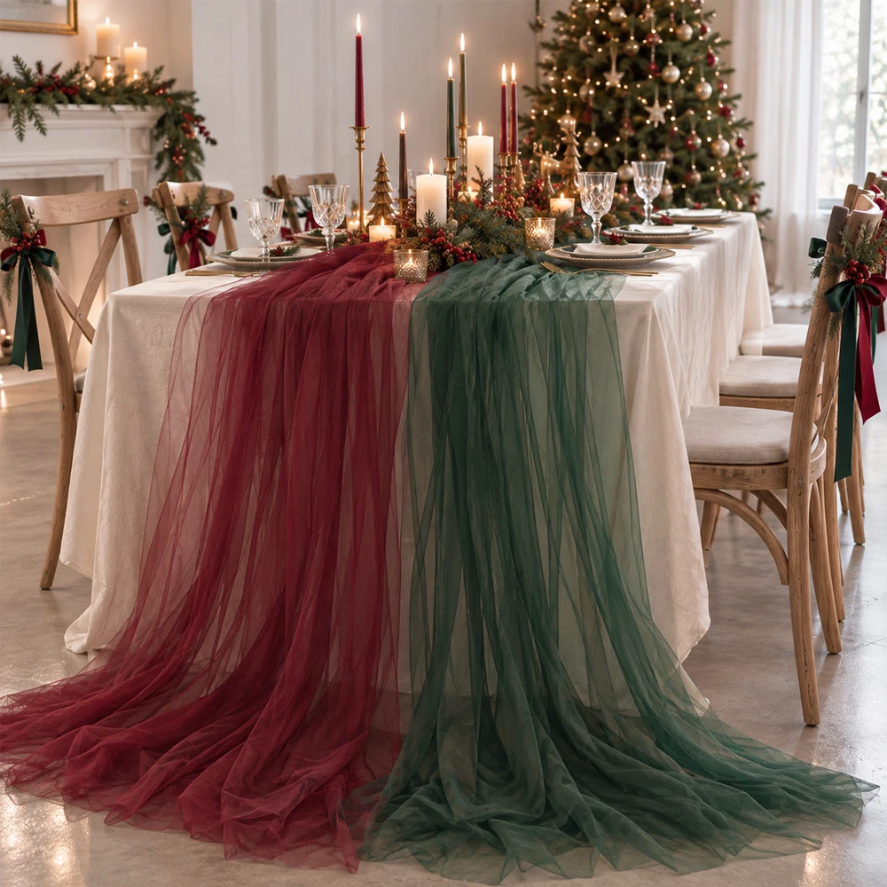 1Pc Flowy Tulle Table Runner, Sheer Gauze, for Christmas Table & Wedding Arch Decor