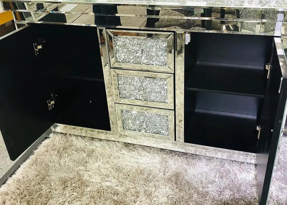 Wholesale Price Modern Luxury Silver Sparkly Crushed Diamond Mirrored Two Doors Sideboard Cabinet Console Table For Home Hotel