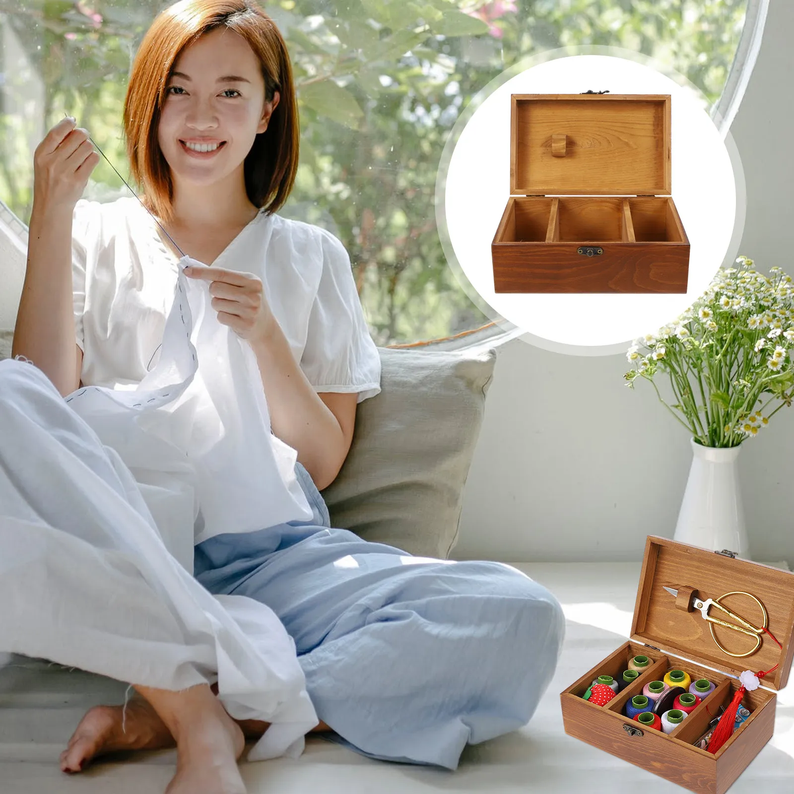 

Large Capacity Retro Horn Lock Sewing Kit with Needles Colored Threads Scissors Natural Wood Grain Needlework Storage Box Hand