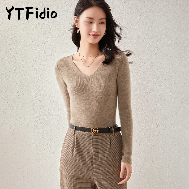 

YTFidio Cashmere Wool Women Slim Fit V-neck Pullover Sweater with Long Sleeves Outerwears Warm Knitwear Pullover 65