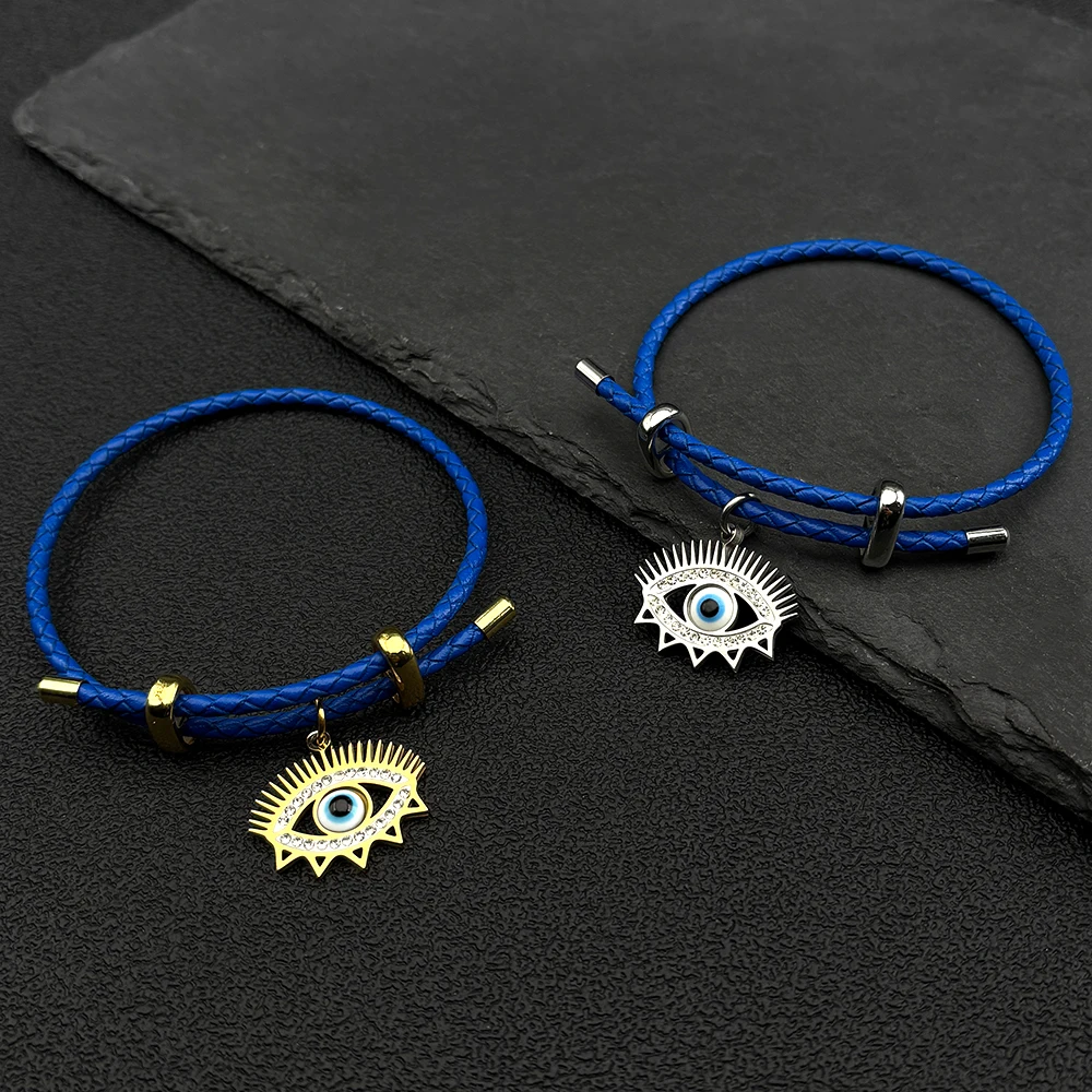 

Turkish Blue Eye Bracelet for Women Men Stainless Steel Rhinestones Gold Color Lucky Steel Wire Adjustable Hand Chain Jewelry
