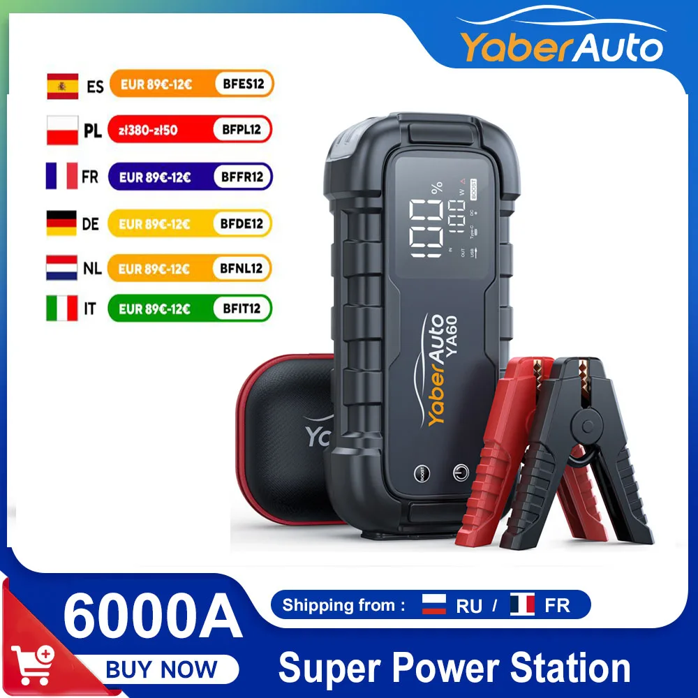 6000A Jump Starter 150W DC Car Battery Charger 3.3 LED Screen 600 Lumens Flashlight Battery Charger Super Starting Device