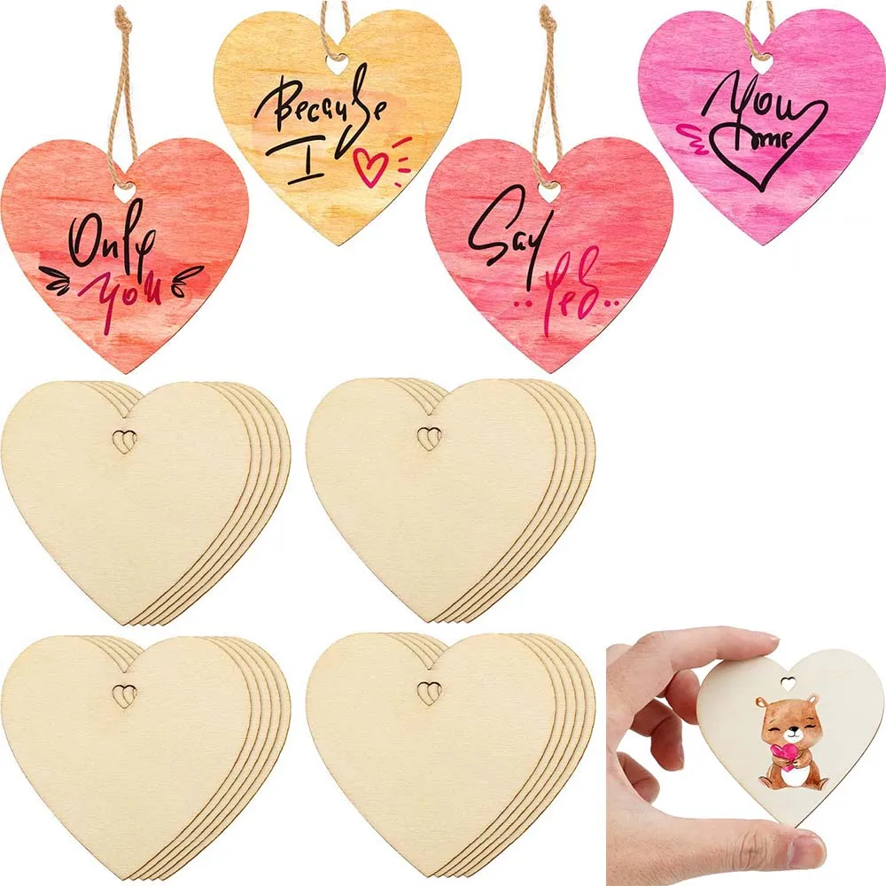 10/20PC Natural Wood Heart Slices Unfinished Predrilled Wooden Blank Heart Slices with Natural Twine for Christmas Wedding Decor