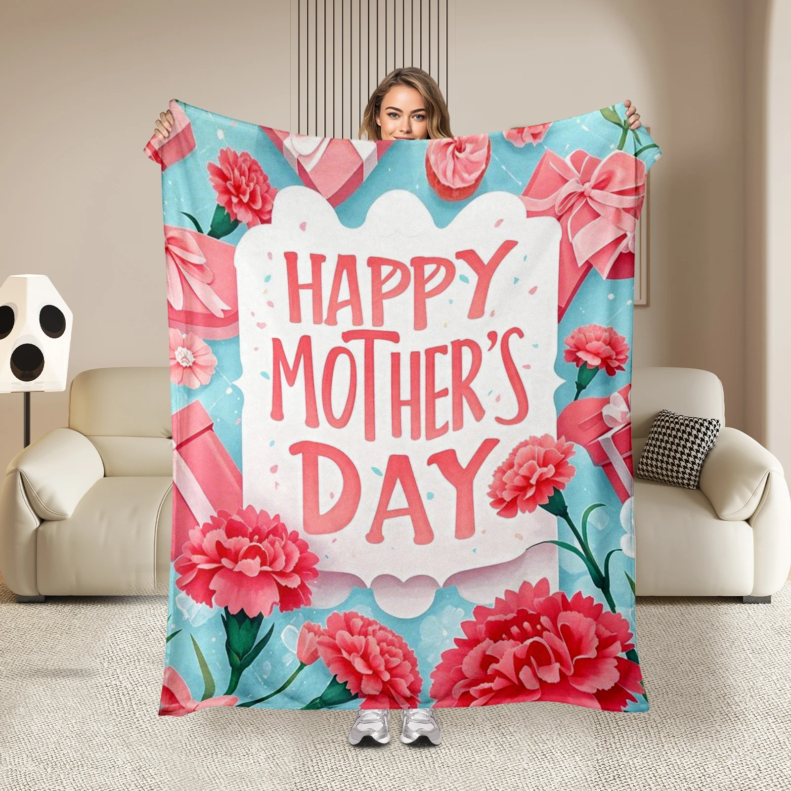 

Elegant Mothers Day Flannel Blanket Featuring Graceful Cartoon Flowers As A Sign Of Endless Affection