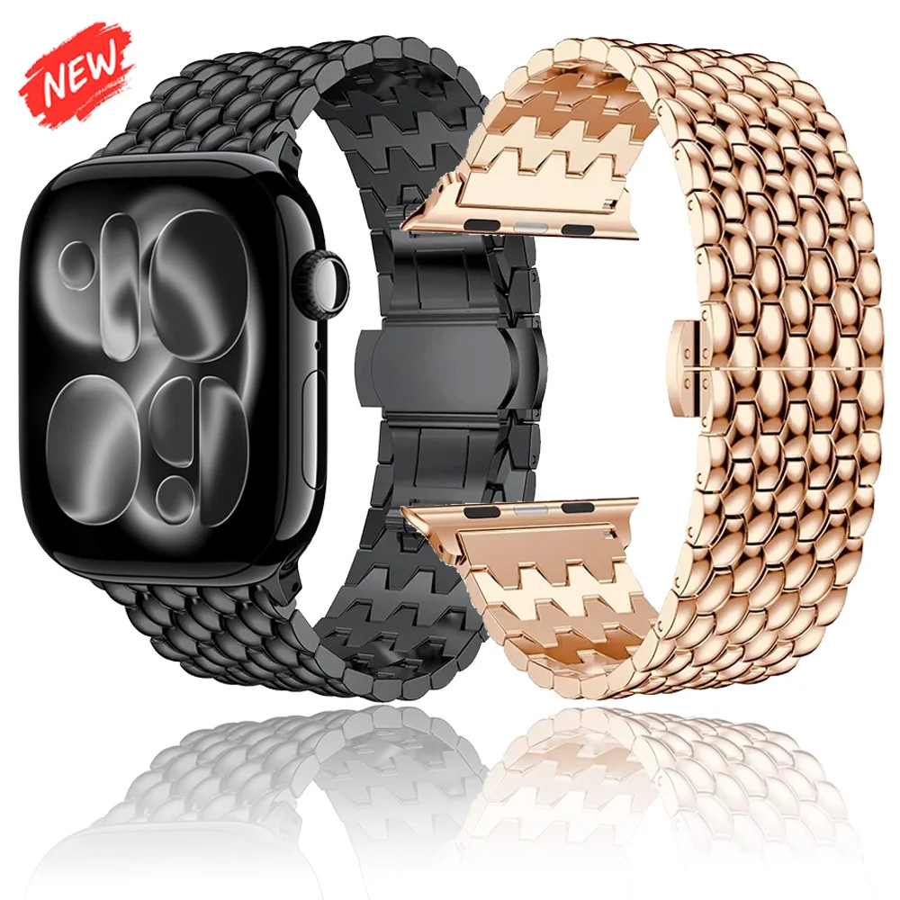 Edelstahl-Metallarmband für Apple Watch Ultra 3 2 1 11 10 9 8 7 6 SE 49mm 46mm 42mm 45/41mm 44/40mm Armband mit Drachenmuster