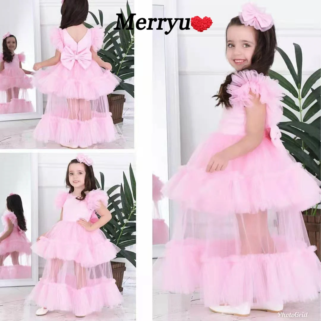 Pink Flower Girl Dresses Princess Fancy Tiered Tulle  Birthday Party Gown for Girls Children's Elegant Dress