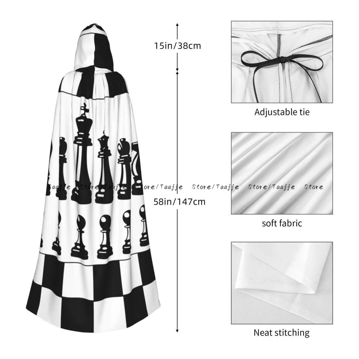 Adult Black And White Chess Pieces Cloak Cape Hooded Medieval Costume Witch Wicca Vampire Halloween Costume Dress Coat