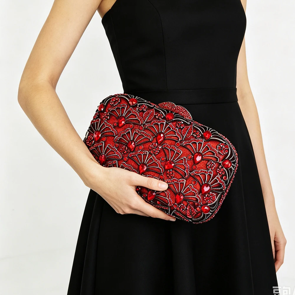 Red Large Stone Wedding Bridal Clutches Bags New Women Rhinestone Evening Bag Clutch Party Bag  Diamond Purses Dinner Clutches