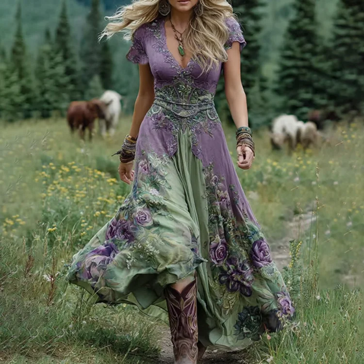 New Loose Women's Loose White Dress Creative Pattern Totem Deep V Short Sleeve Dress