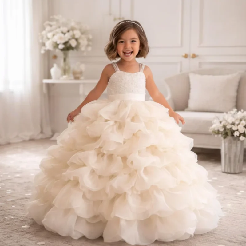 Beaded Spaghetti Strap Flower Girl Dress Satin Waistband Multi Layer Ruffle Organza Voluminous Ball Gown Kids Wedding Bridesmaid