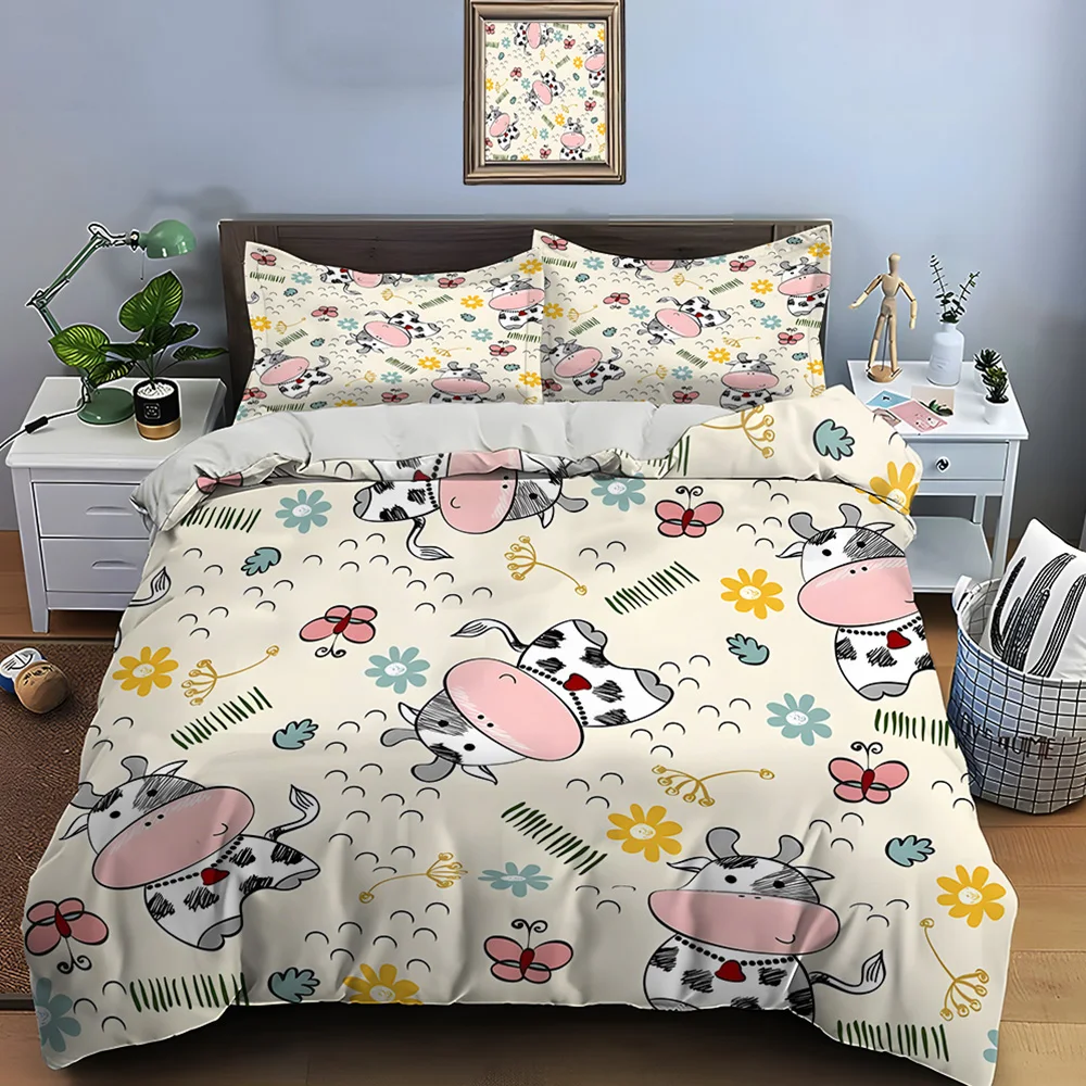 

Cartoon cows with flowers and butterflies Bedding Set for Kids Luxury Gift 3pcs Digital Print Comforter Set Soft Comfortable