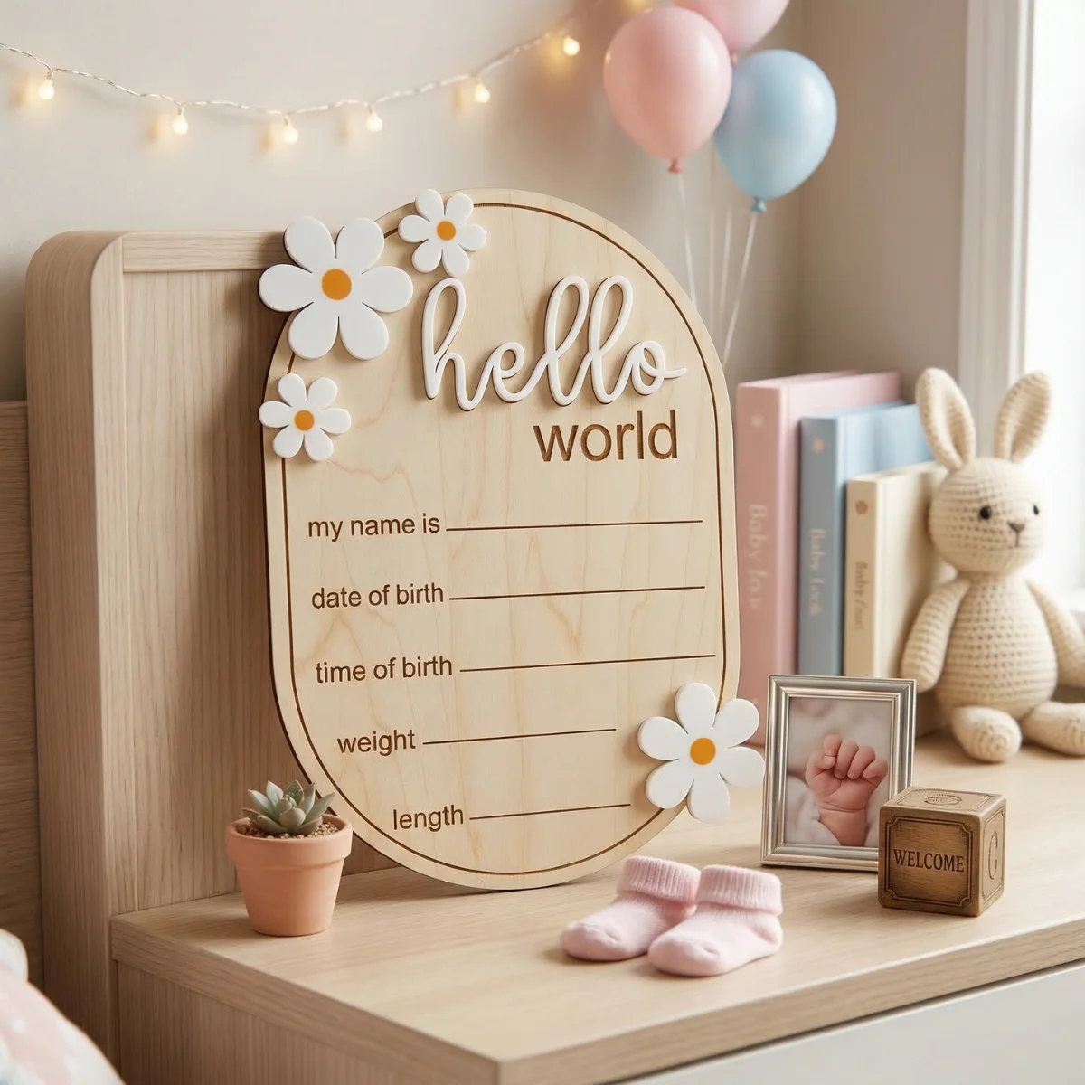 15cm Ovale 3D Naturholz-Plakette mit Erhöhten Acrylbuchstaben und Gänseblümchen-Dekorationen, 'Hello World' Geburtsanzeige, Foto – Detail 2