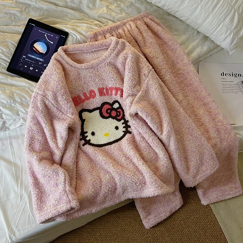 

New Hello Kitty Half Velvet Pajamas Winter Cute Kitty Thickened Warm Home Clothes Set Women's Pullover Sweatshirt Christmas Gift