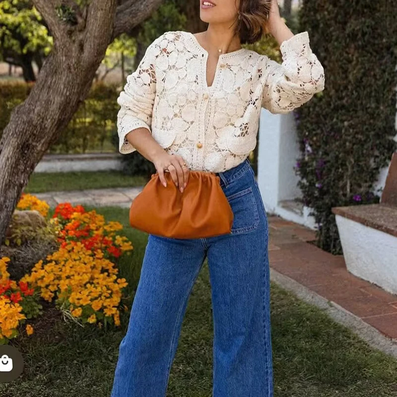 

Early Autumn New Solid Color Commute Cardigans Fashion Single Breasted Women's Shirts Casual Long Sleeve Lace Hollow Out Shirts