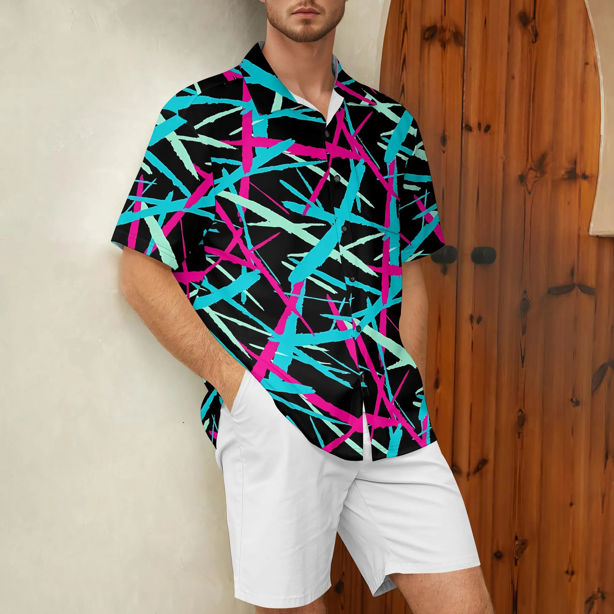 

YEAE Neon Cross Print Shirt for Men Summer Casual Short Sleeve Top