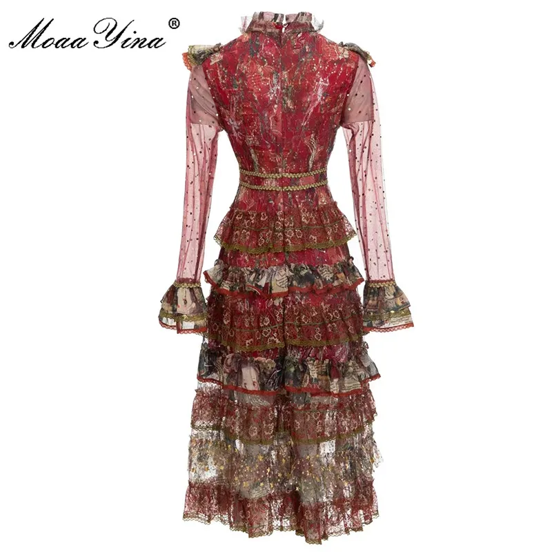 MoaaYina Fashion Runway dress Autumn Women's Dress Flare Long Sleeve Lace Cascading Ruffles Printed Vintage Red Cake Dress