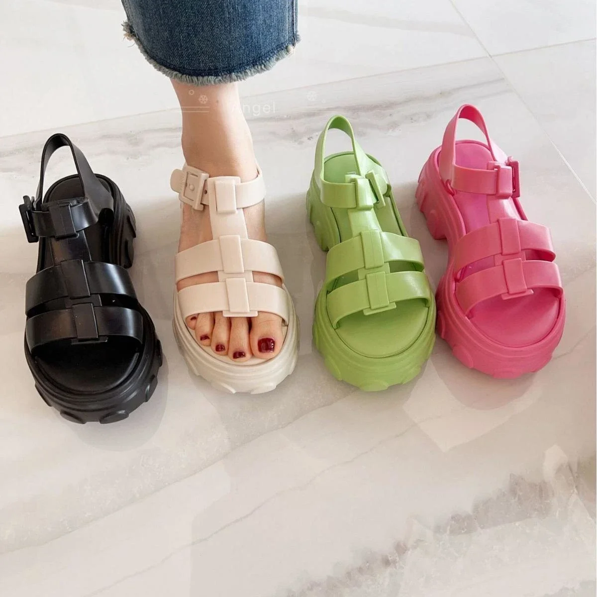 Women's Sandals Summer 2024 Adult Girls Open Toe Roman Matsu Thick Sole Sandals Ladies Breathable Beach Shoe Casual Jelly Shoe