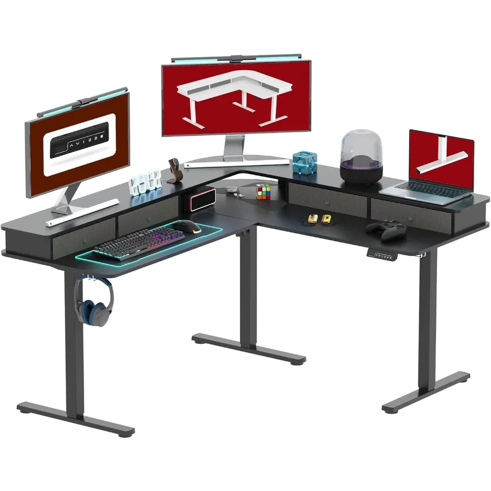 

63" L Shaped Standing Desk with 3 Drawers, Height Adjustable Stands Up Desks, Corner Gaming Desk with Monitor Stand, Desks