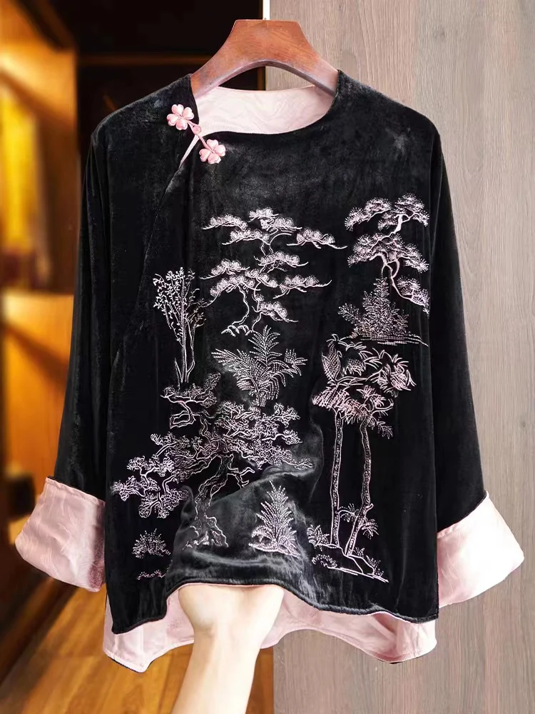 Retro Chinese Style Embroidered Silk+Velvet Top Women's Autumn New Loose O-Neck Single Button Contrast Cuffs Jacket S-XL