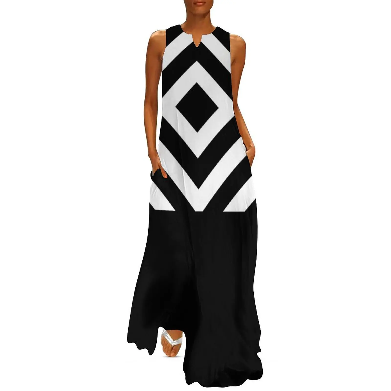 Op Art 60s Mod Triangle Design - Black & White Long Dress dresses for prom dress for woman dresses for official occasions