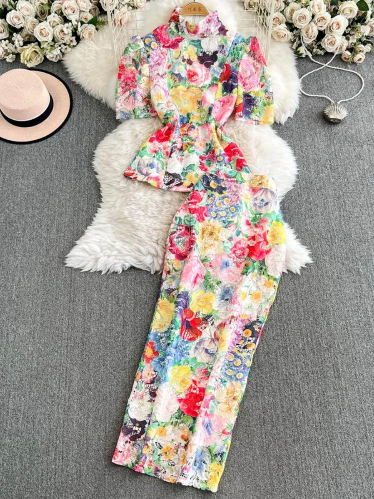 

High Waist Lace Me ort Sve T-irt f High Collar Two Piece Set Women Summer Faion Age Reduction Top Skirt Set