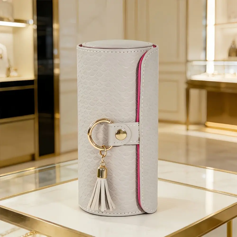 

Magnetic Closure 3-Tier Cylindrical Jewelry Organizer Faux Suede-Lined Interior PU Material Travel Jewelry Storage