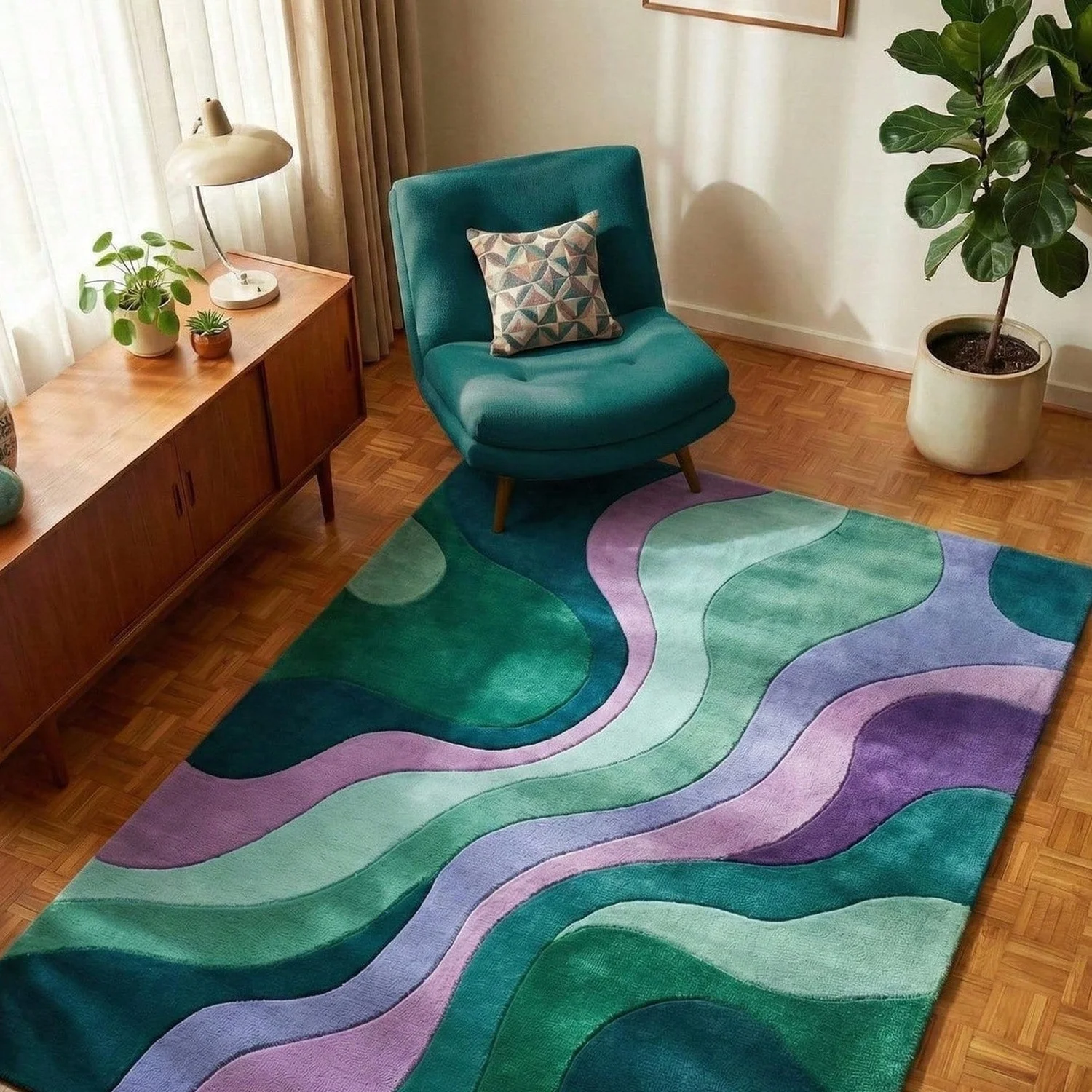 Wave-Shaped Carpet R Abstract Green and Purple Plush Carpet.