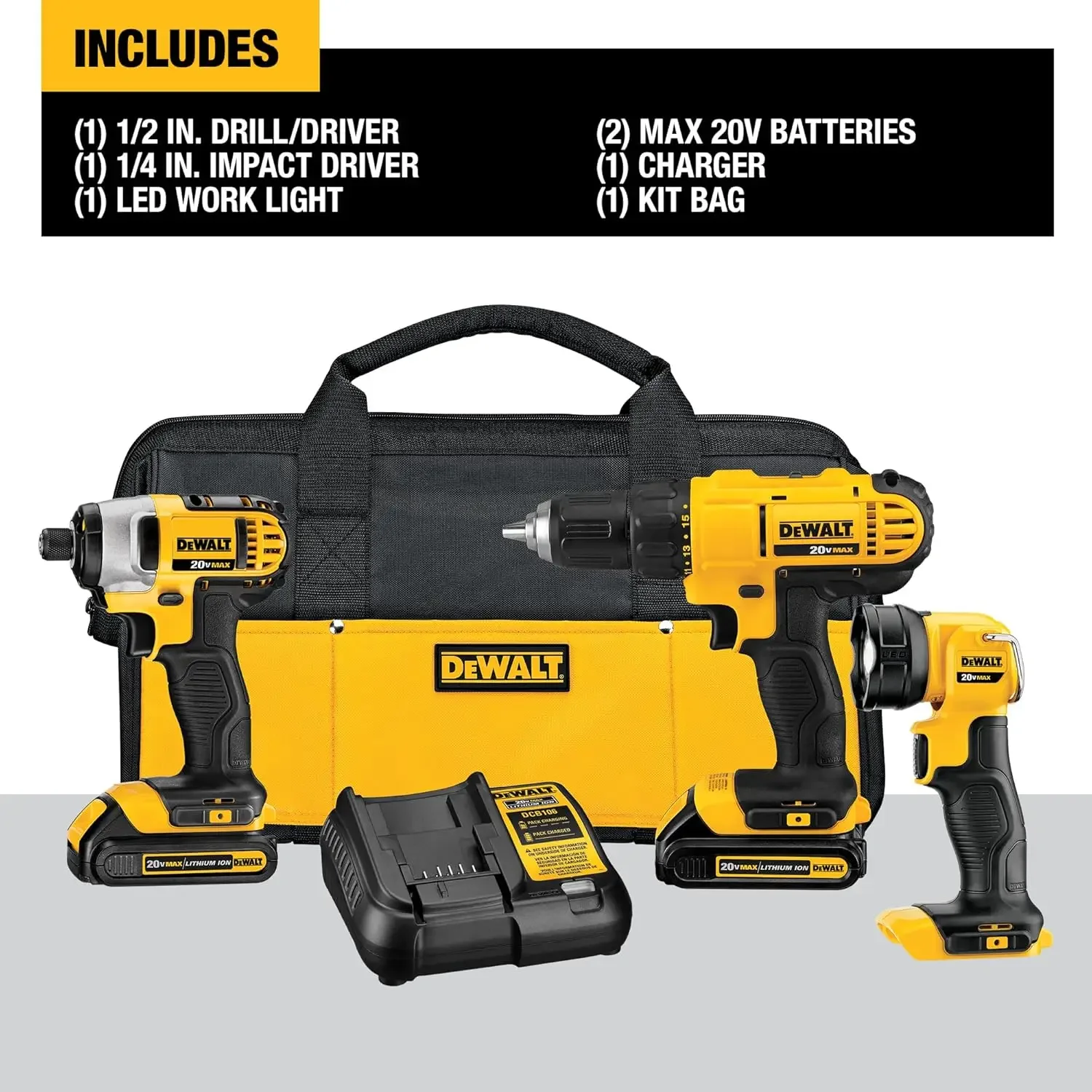 DEWALT 20V MAX Cordless Drill/Driver and LED Work Light Power Tool Combo Kit, 3-Tool,2 Batteries and Charger Included (DCK340C2)