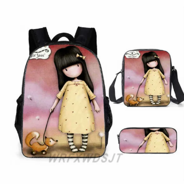 Harajuku novidade novo santoro gorjuss 3 pçs/set mochila impressão 3d escola estudante bookbag portátil daypack bolsa de ombro lápis caso