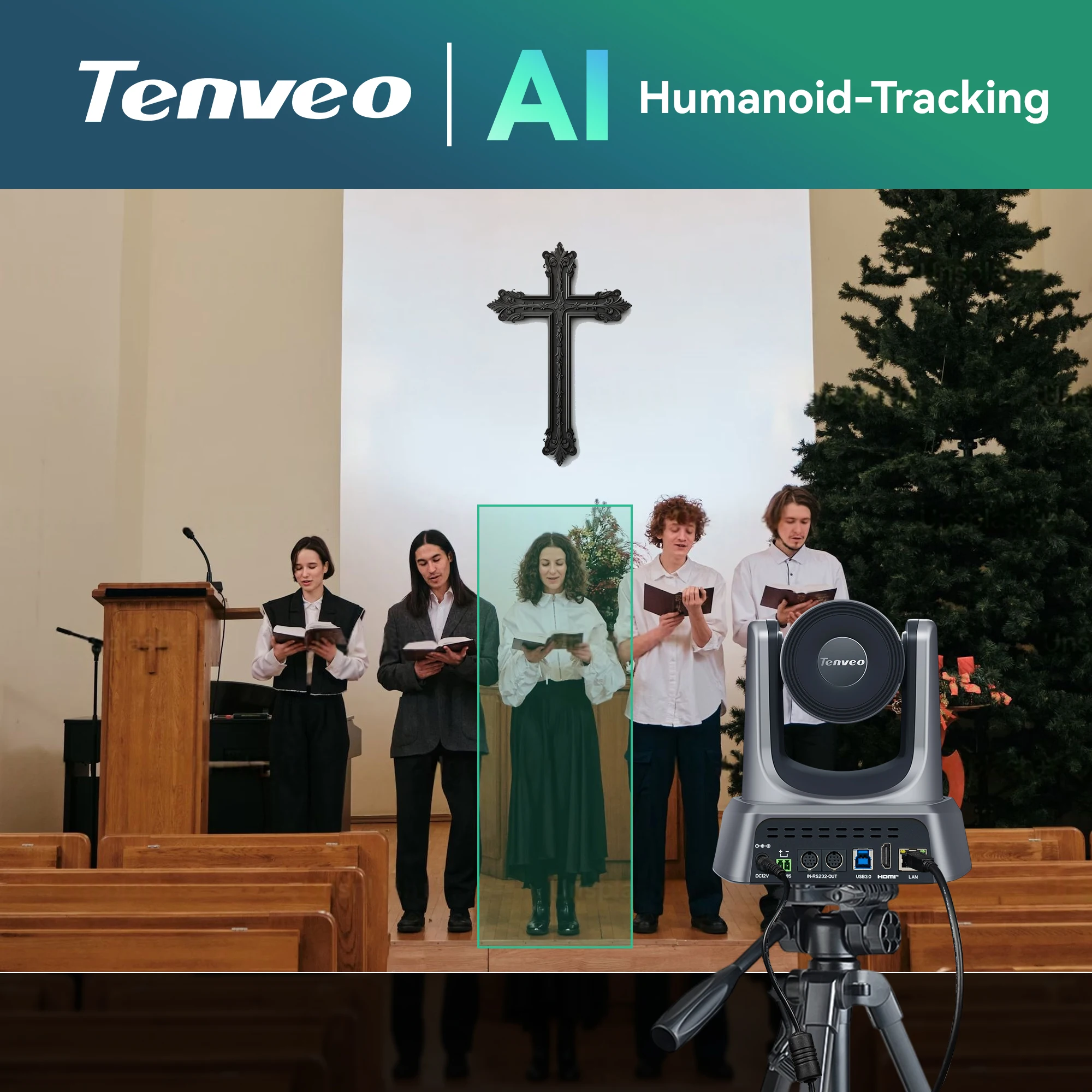 TENVEO NDI PTZ Camera 4K 60FPS 12X Optical Zoom Video Conference System AI Auto-Tracking USB3.0 for Meeting Conference Room view 4