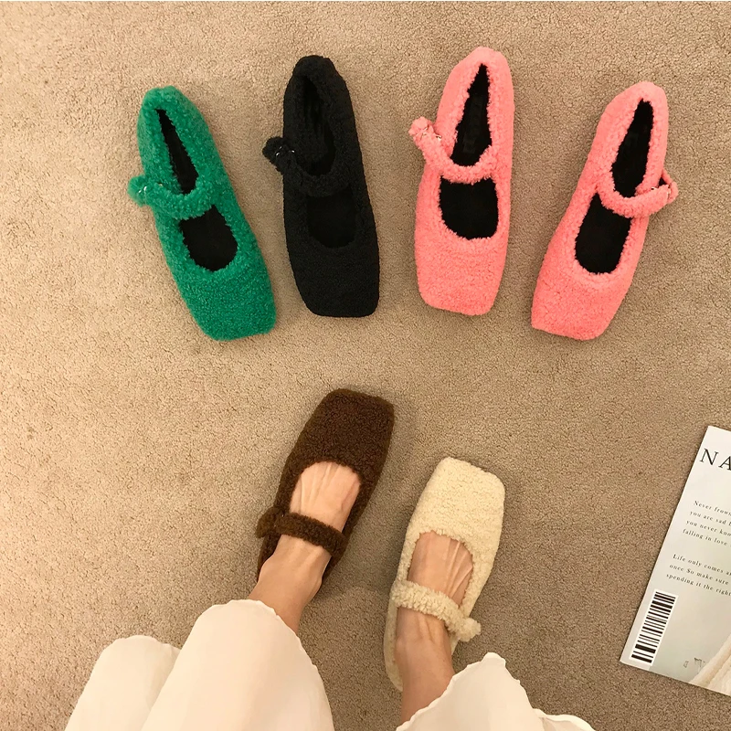 

Fashion Square Toe Lambswool Ballet Flats Woman Winter Warm Plush Loafers Ladies Brand Design Teddy Fur Mary Jane Shoes in Pink