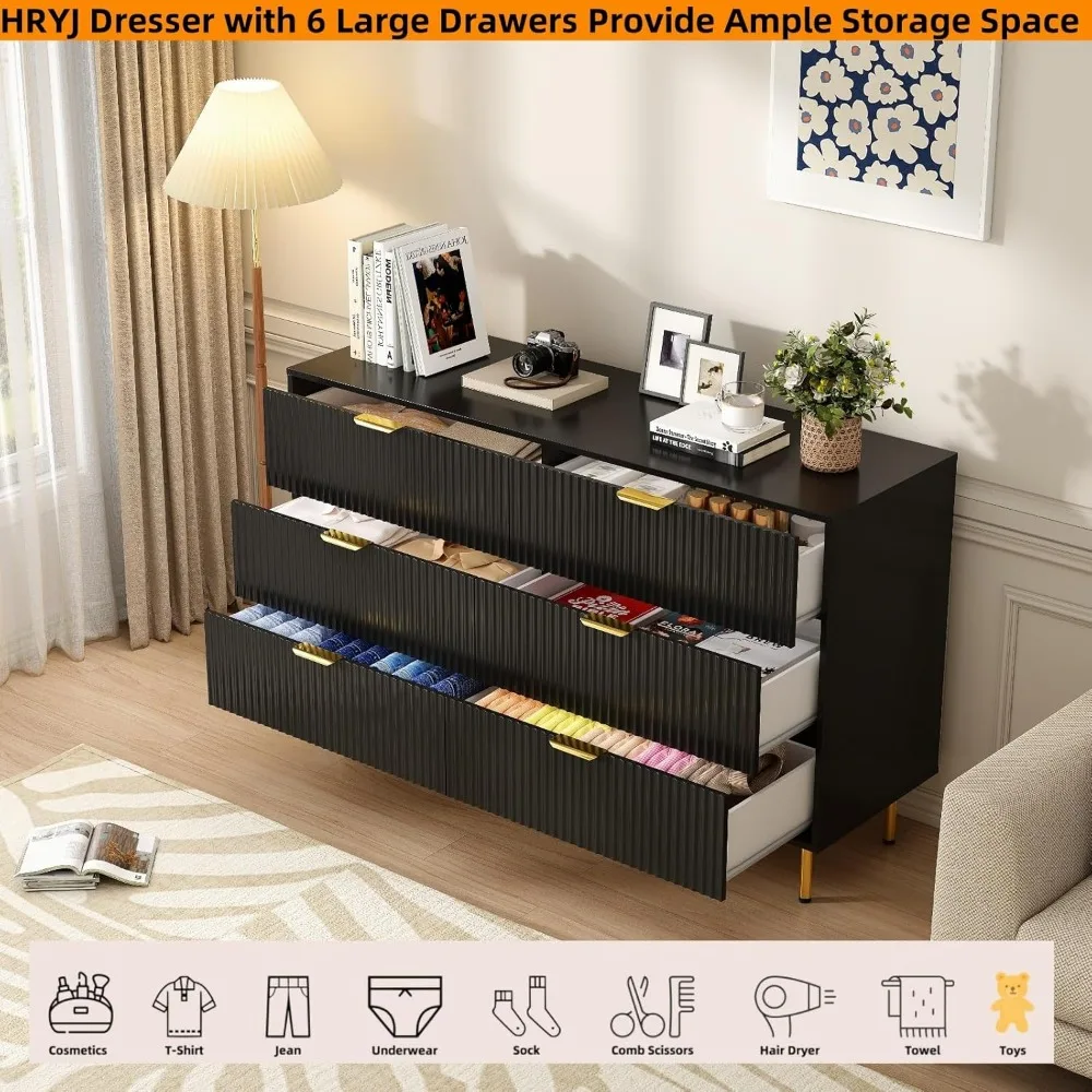 خزانة عريضة حديثة ذات 6 أدراج لغرفة النوم، منظم تخزين خشبي بتصميم مخدد