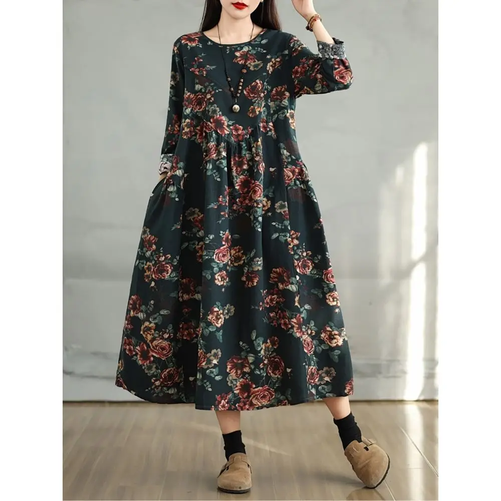 Baumwolle Vintage Print Floral Kleider 2025, Frauen Casual Lose Langarm Kleid Femme Robe Vestidos Elegante Frühling Herbst Kleidung