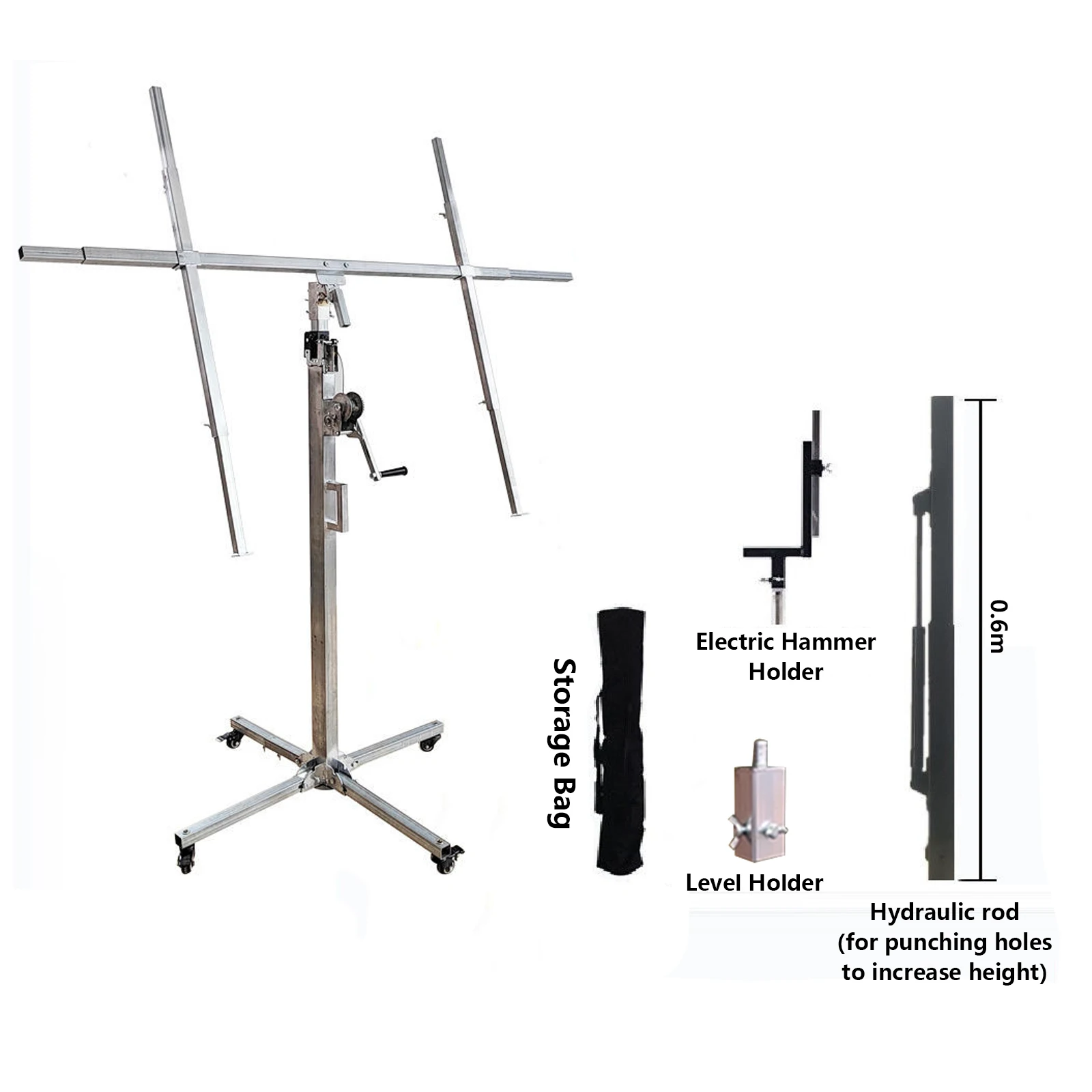 3-in-1 Multi-Function Lift Gypsum Board Ceiling Crane Punching And Leveling Bracket With 0.6m Hydraulic Extension Rod For Punchi