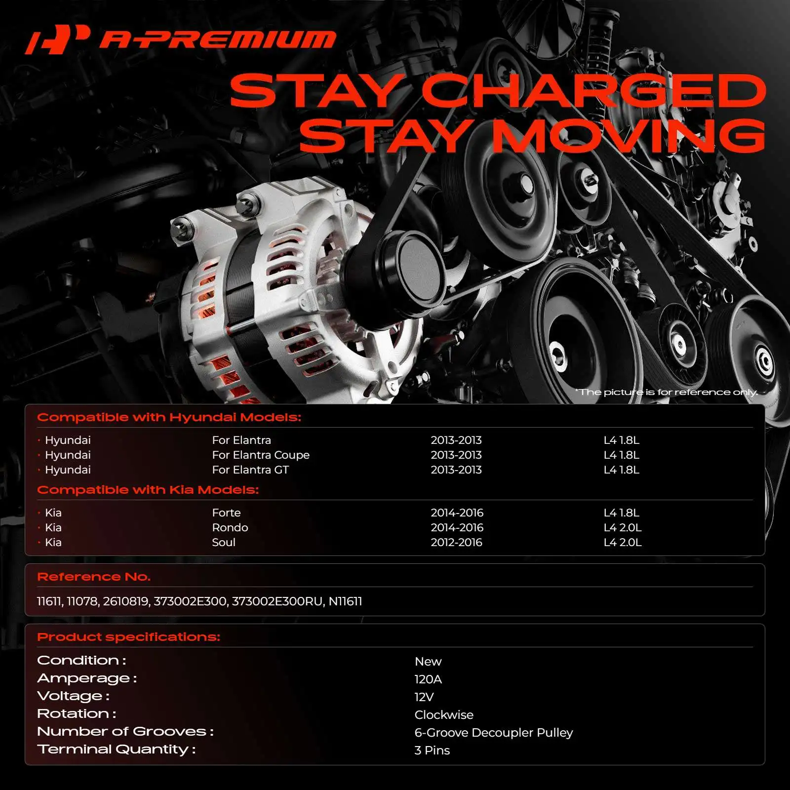A-Premium Alternator for Hyundai Elantra Elantra GT Elantra Coupe 2013 Kia Soul 2012-2016 Forte Rondo 2014-2016