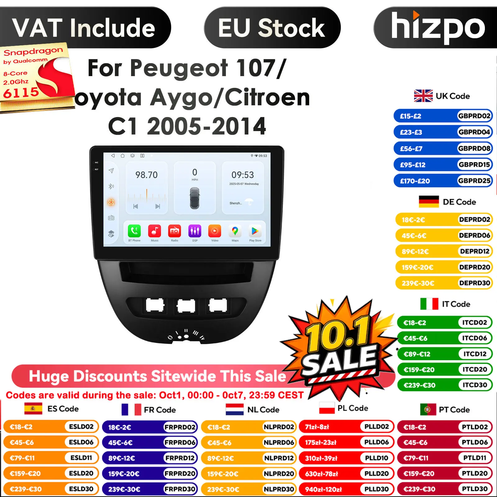 Schermo intelligente 2din Android autoradio lettore Video multimediale per Peugeot 107 Toyota Aygo Citroen C1 GPS Carplay Auto 4G RDS