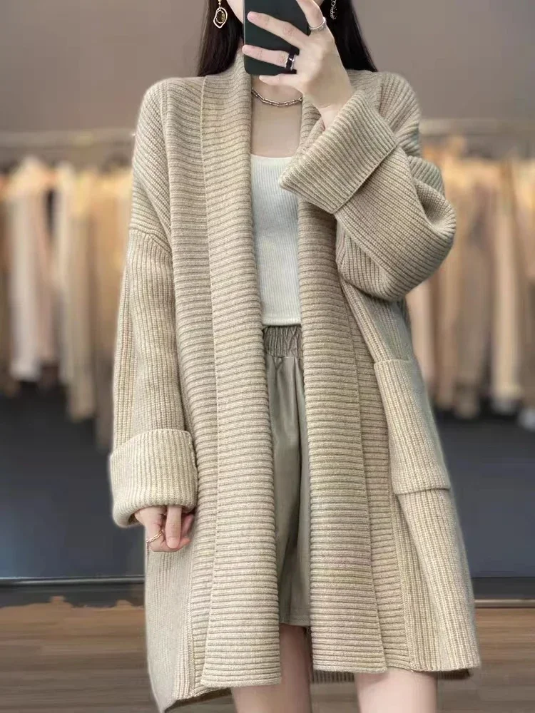 Gray Vintage Thicken Women Cardigan Long Autumn Winter  V-neck Loose Warm Sweater Female Streetwear Elegant Knitwear