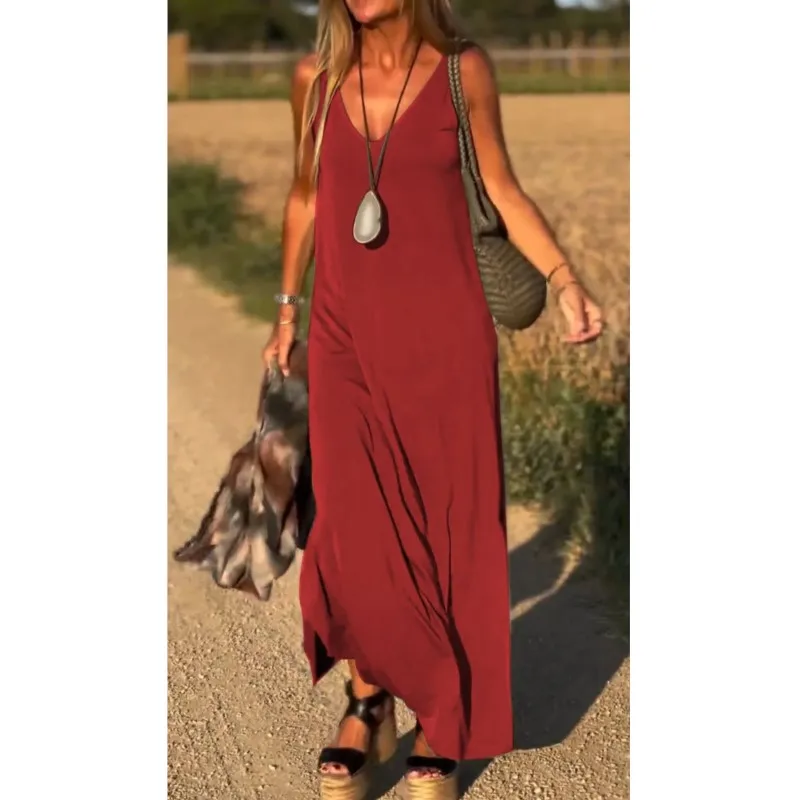 فساتين طويلة غير رسمية بحمالة ملونة لعام 2025 فستان نسائي صيفي مثير بياقة على شكل V فستان ماكسي للحفلات بدون أكمام فستان فضفاض للعطلات #6