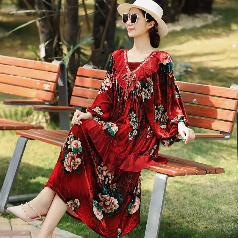 Autumn New Silk + Velvet V-Neck Splicing Lotus Leaf Edge High End Printed Lantern Sleeve Loose Medium length Dress One Size