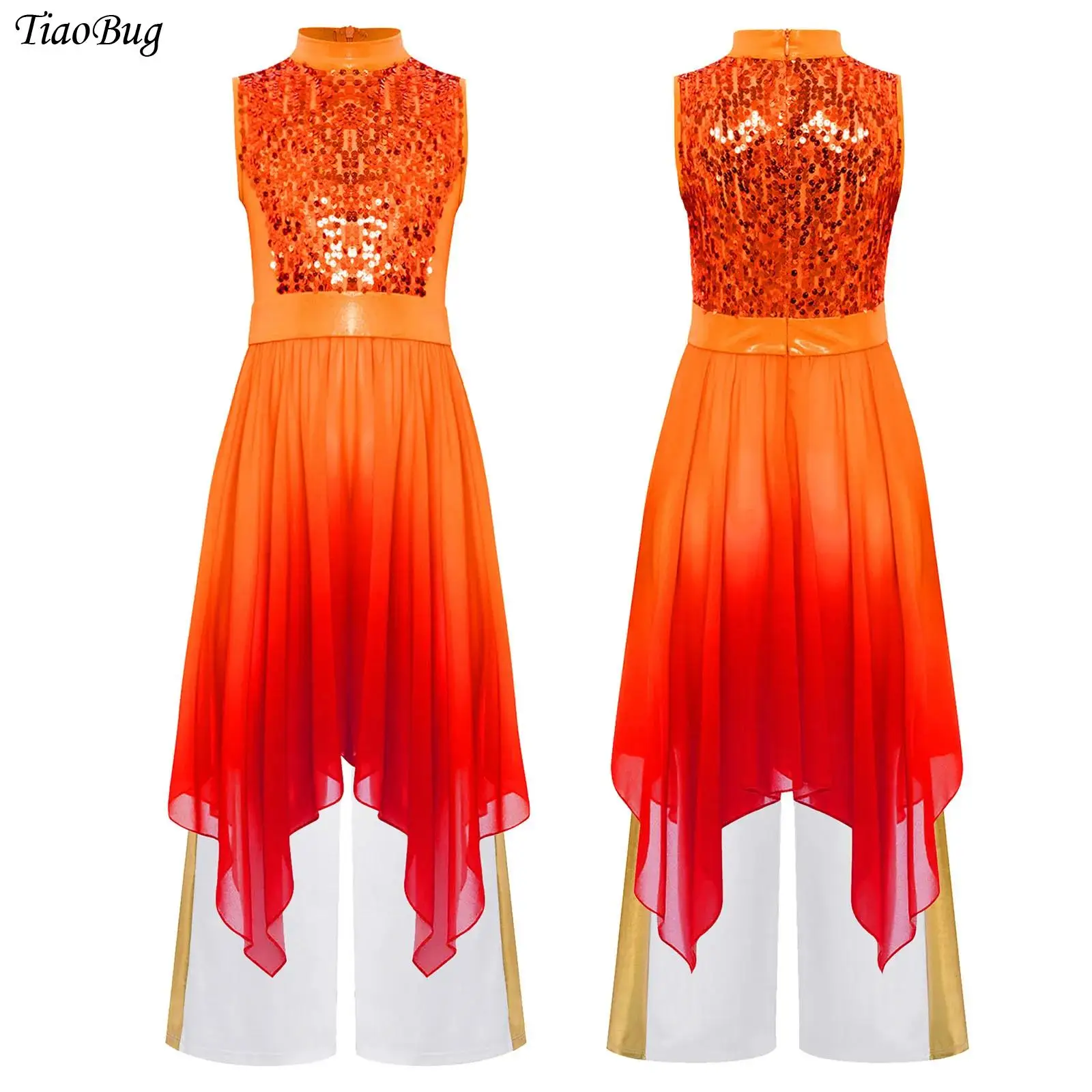 

Girls Liturgical Praise Dance Costume Sleeveless Sequin Church Choir Worship Dress with Wide-Leg Pants Contemporary Dancewear