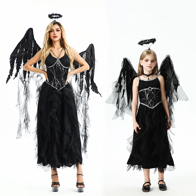 ชุดคอสตูมฮาโลวีนเจ้าสาวปีศาจ นางฟ้าดำ ปีศาจ เอลฟ์ สยองขวัญ ชุดคู่พ่อแม่ลูก คุณหมอ ลูกสาว คุณหมอ