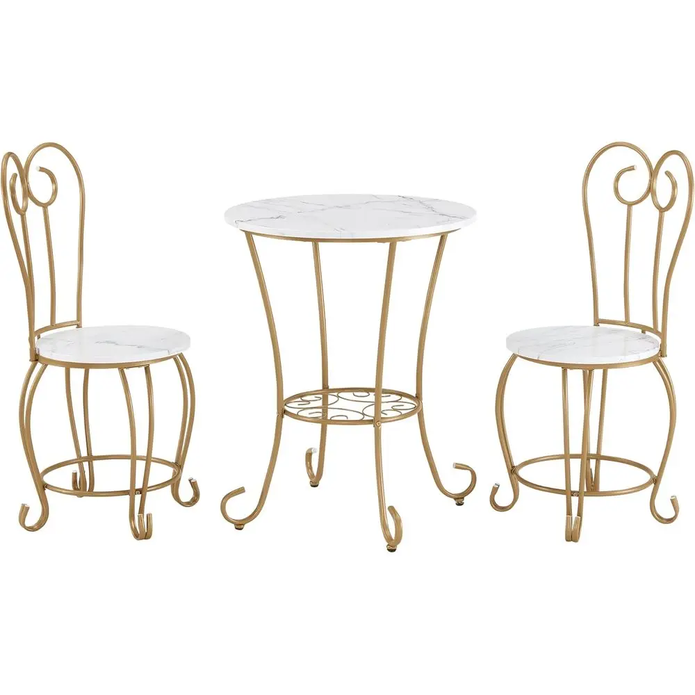 

Vintage French-Style Marble Top 2-Piece Dining Set with Gold Metal Chairs for Kitchen or Breakfast Nook