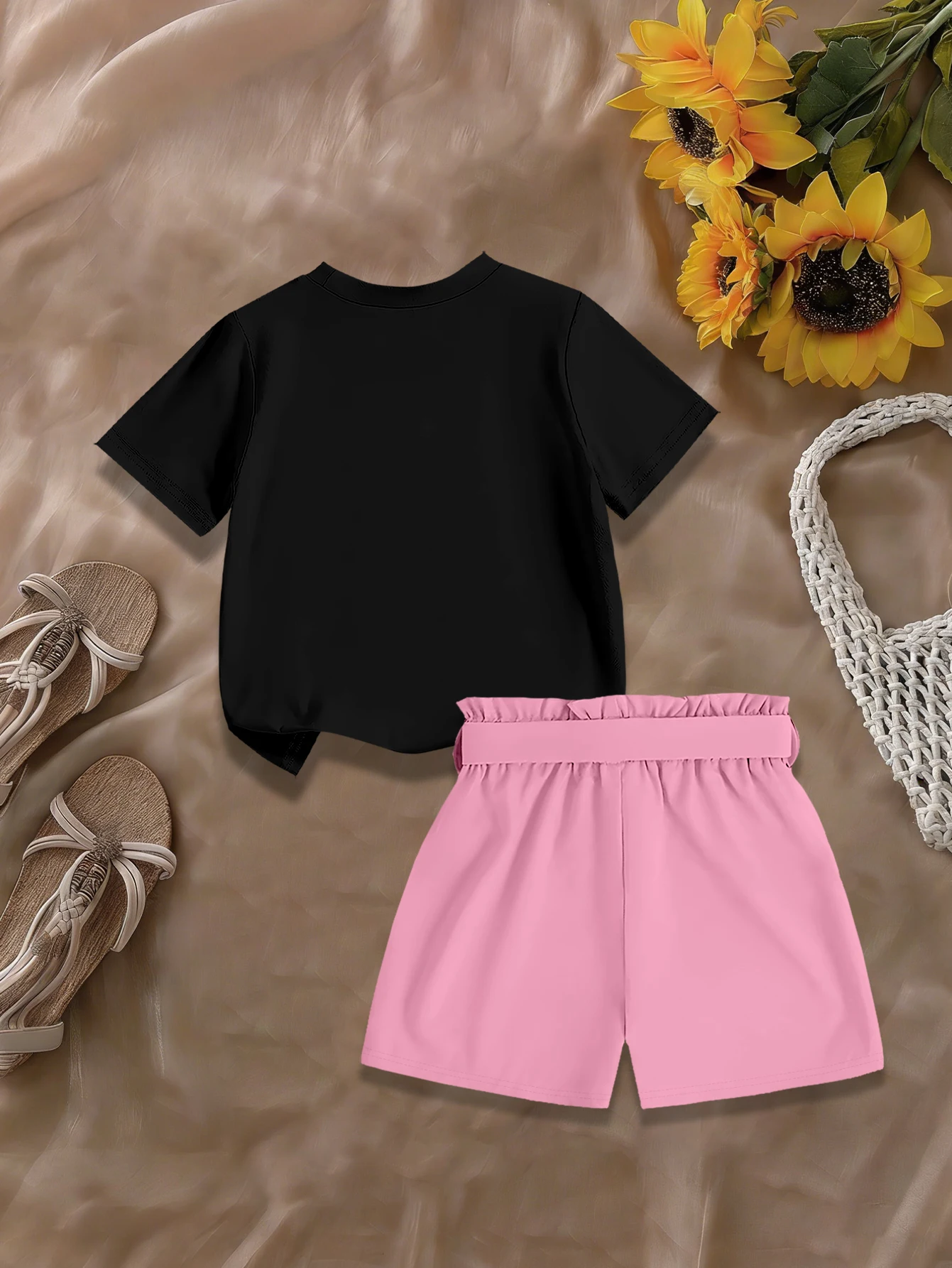 2 pieces: Girls Summer Sweet Set Cartoon Unicorn Print T-shirt Bow Woven Shorts