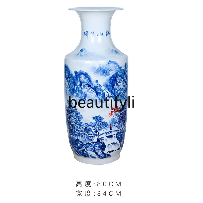 

Jingdezhen ceramics hand-painted blue and white porcelain landscape floor-to-ceiling large vase flower arrangement painting tube