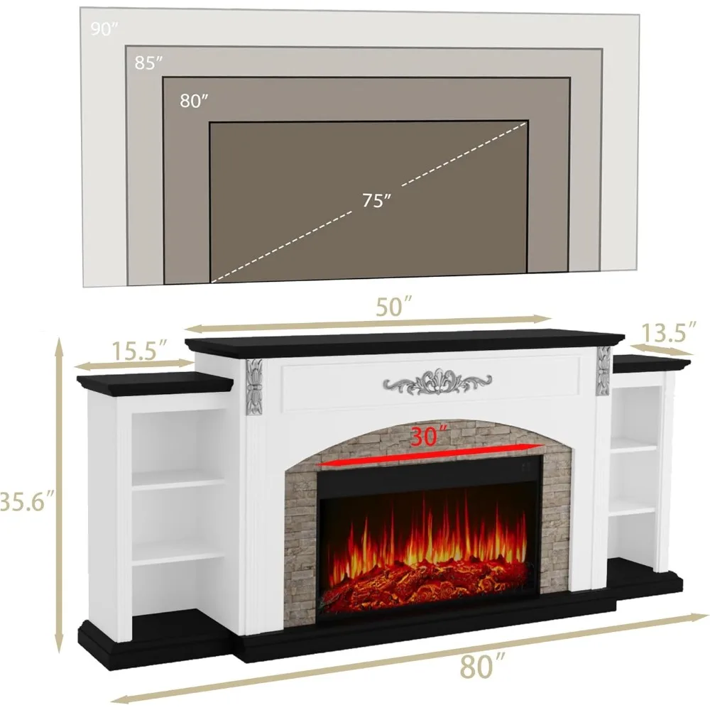 90 Inch TV Electric Fireplace with Mantel, 30 Inch Insert Heater for Living Room, White