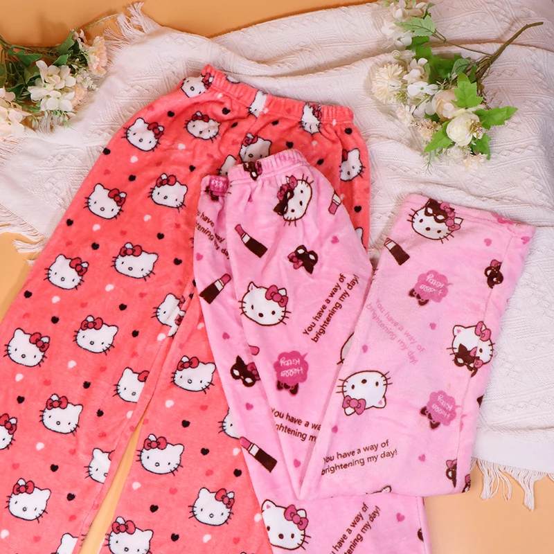 Sanrio Hello Kitty Pajamas Cartoon Kuromi Flannel Trousers Pajamas Long Pants Casual Home Pant Halloween Christmas Gift