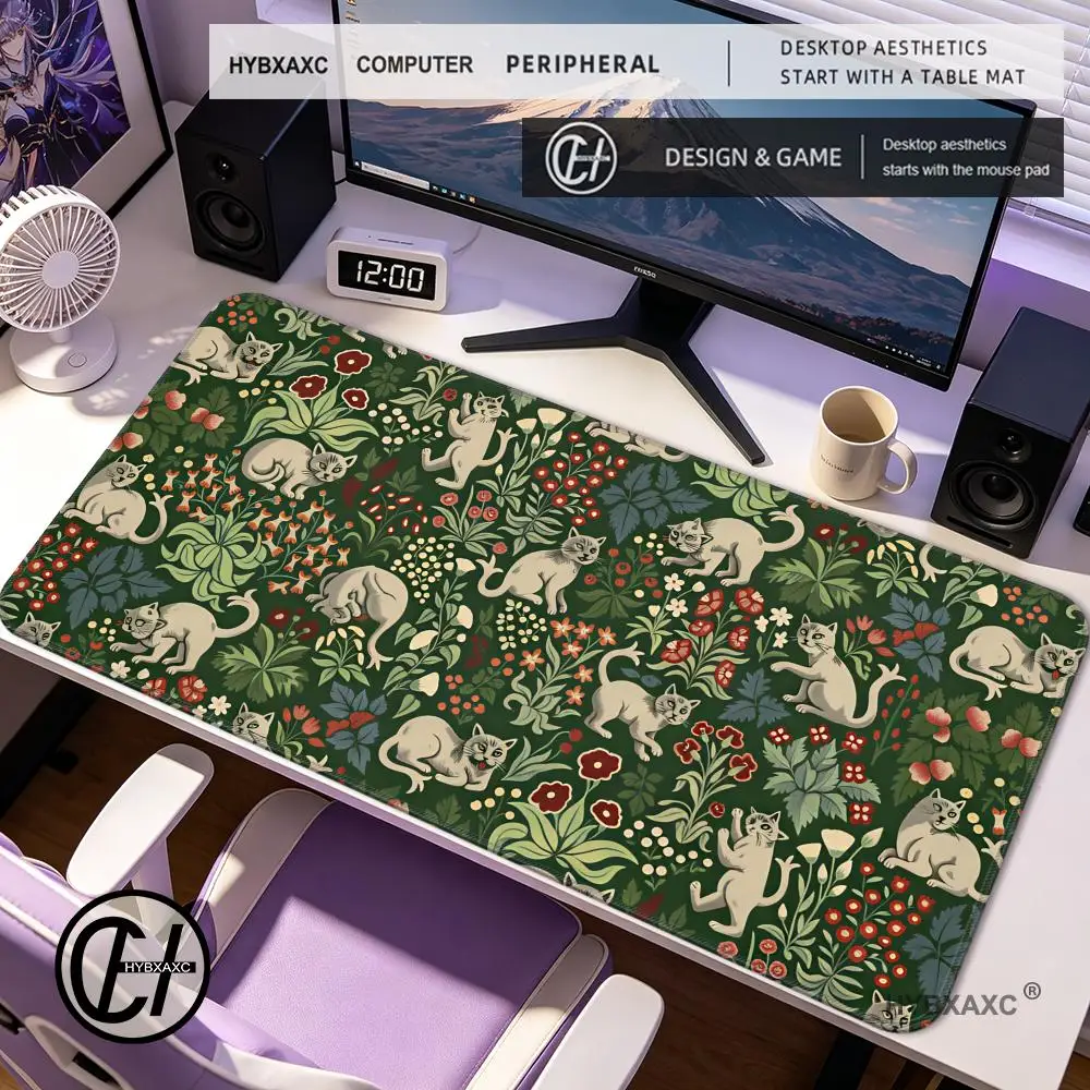 

HYBXAXC Medieval Cats Desk Mat Dark Floral Tapestry Large Mouse Pad Weird Cat Office Decor, Castlecore Gift