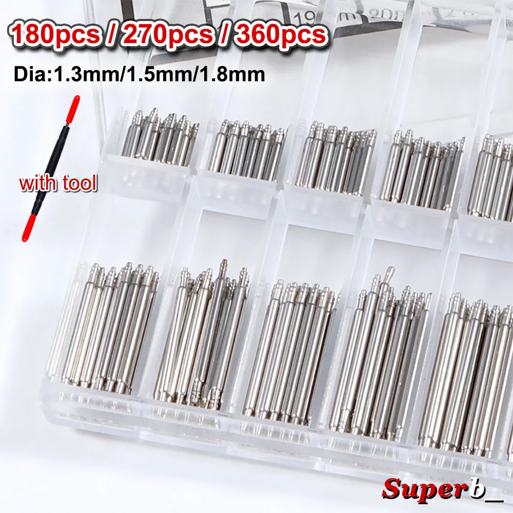 360 Piezas de Barras de Resorte de Acero Inoxidable de 1.3mm/1.5mm/1.8mm de Diámetro, Longitud de 8mm a 25mm, Pasadores Metálicos para Correas de Reloj, Herramientas de Reparación de Relojes