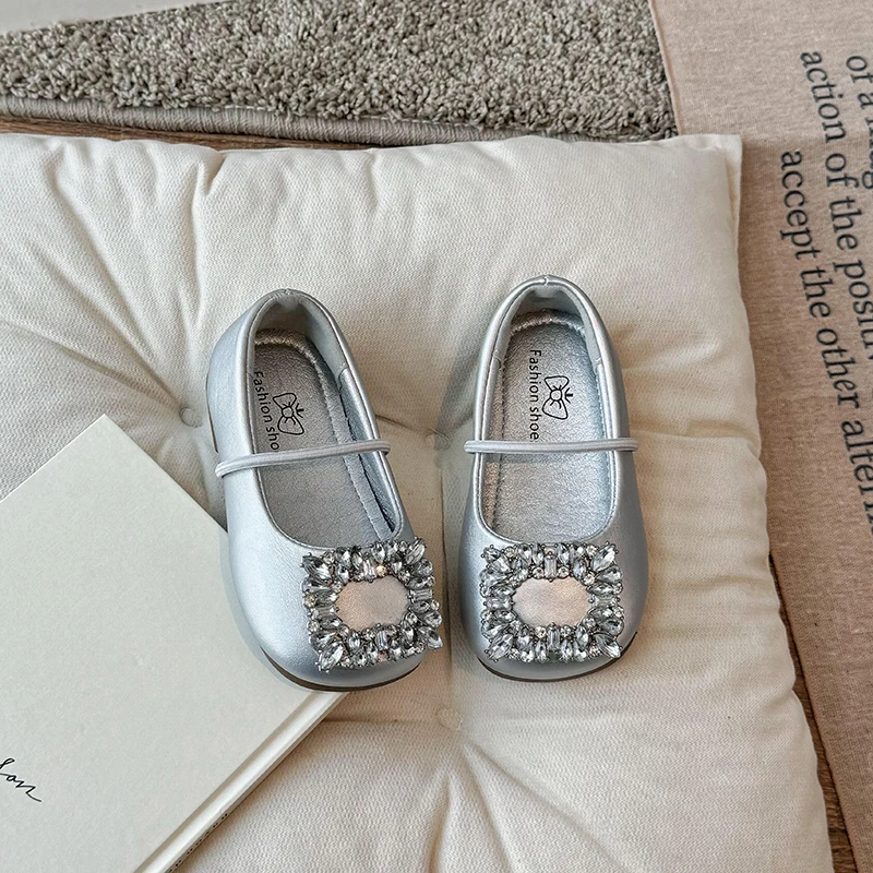 Shoes for Girls Child Ballerina Flats Kids Diamond Party Dress Shoes Princess Elegant Shoe Black Silver leather shoe