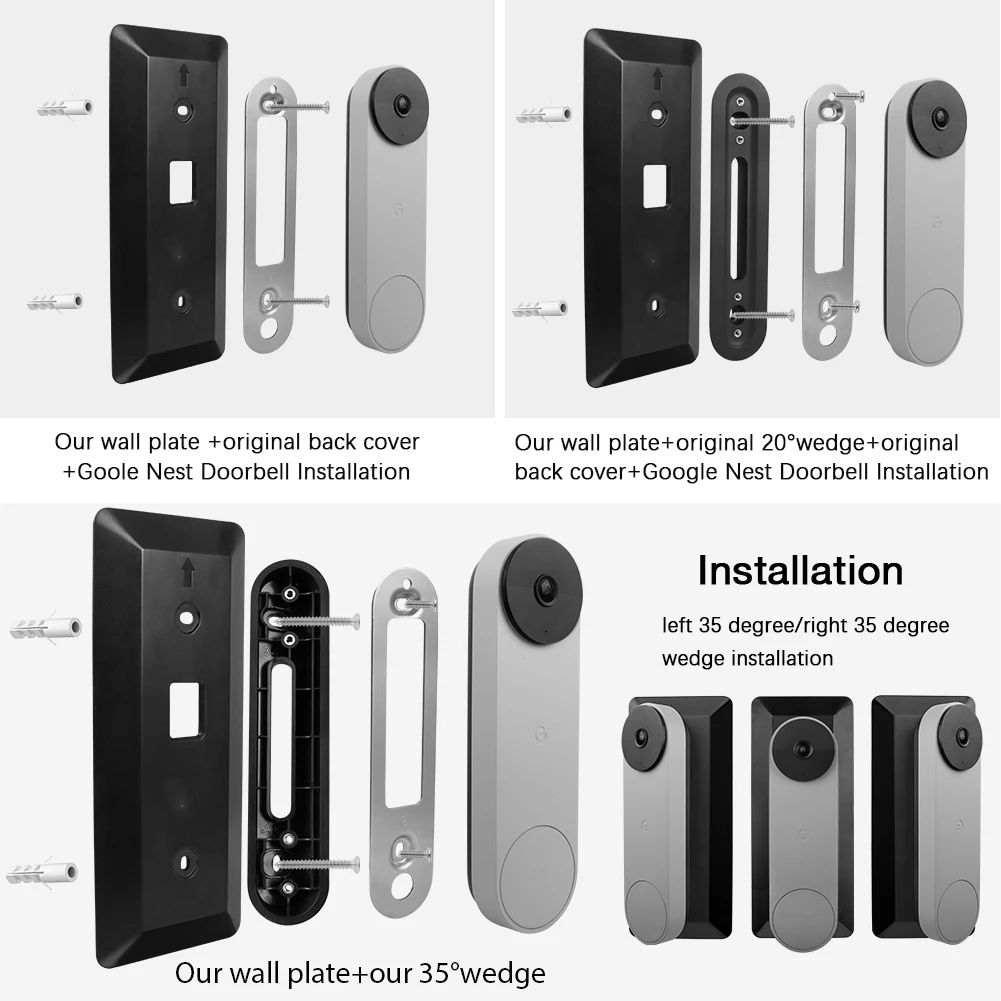 لوحة الحائط لجوجل عش الجرس (البطارية) ، لوحة جرس الباب أنيقة 35 درجة اليسار أو اليمين تعديل ركيزة زاوية